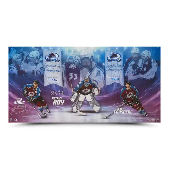 Joe Sakic, Patrick Roy, and Peter Forsberg Autographed “Avalanche Legends” 36x18